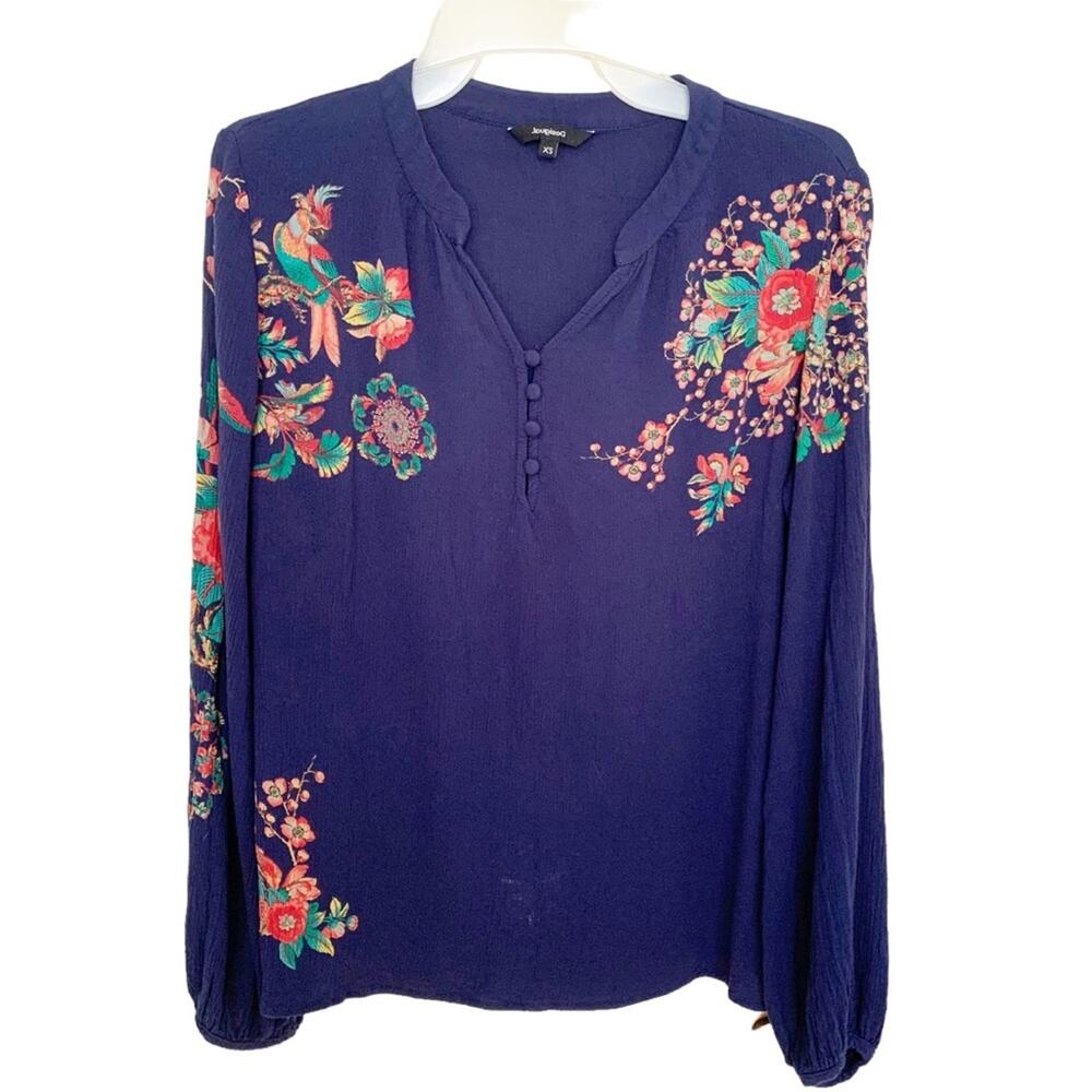 Desigual Navy Half Button Placket Floral Embelllished V Neck Blouse X Small